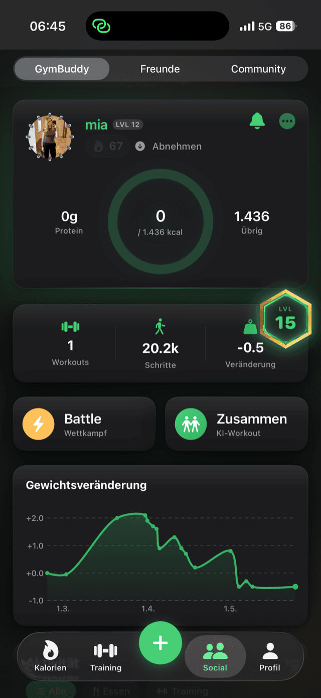 GymBuddy Screen — Fortschritt mit Freunden vergleichen